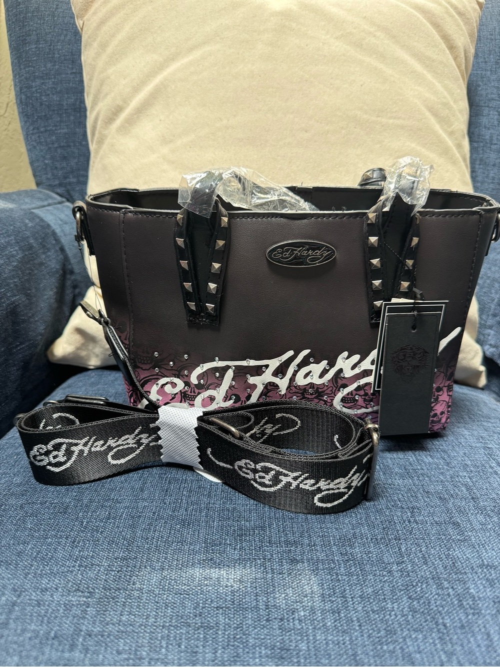 Ed Hardy Black and Pink Rhinestone Stud-Accent Shoulder Bag